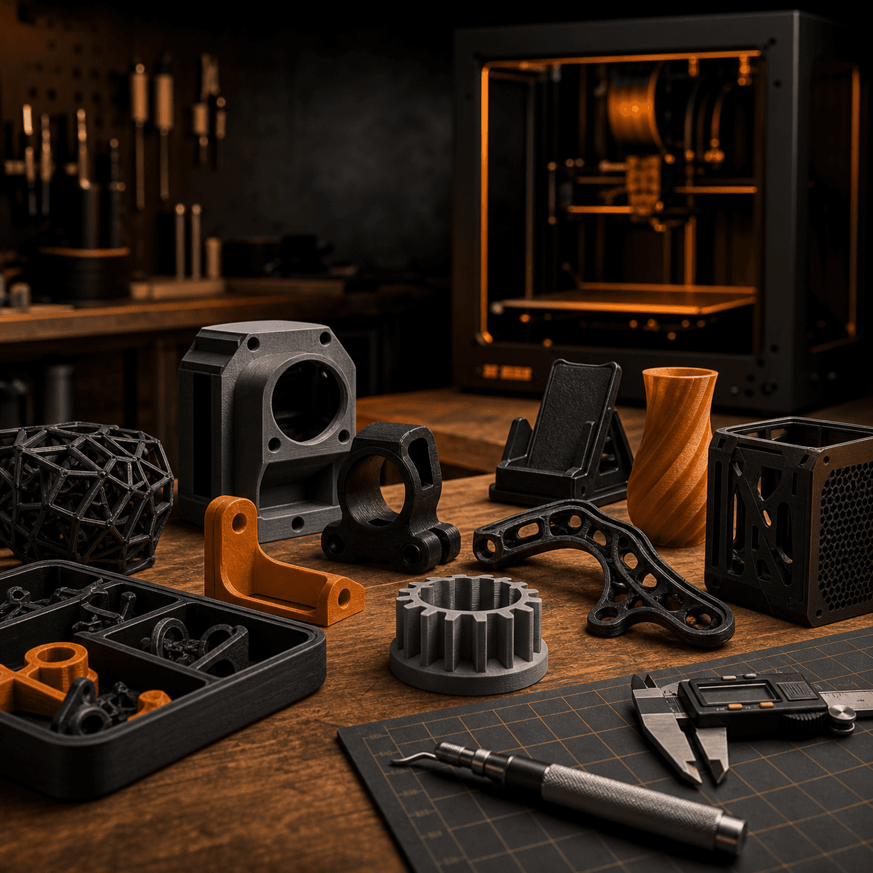 Finished 3D printed parts in a fabrication studio