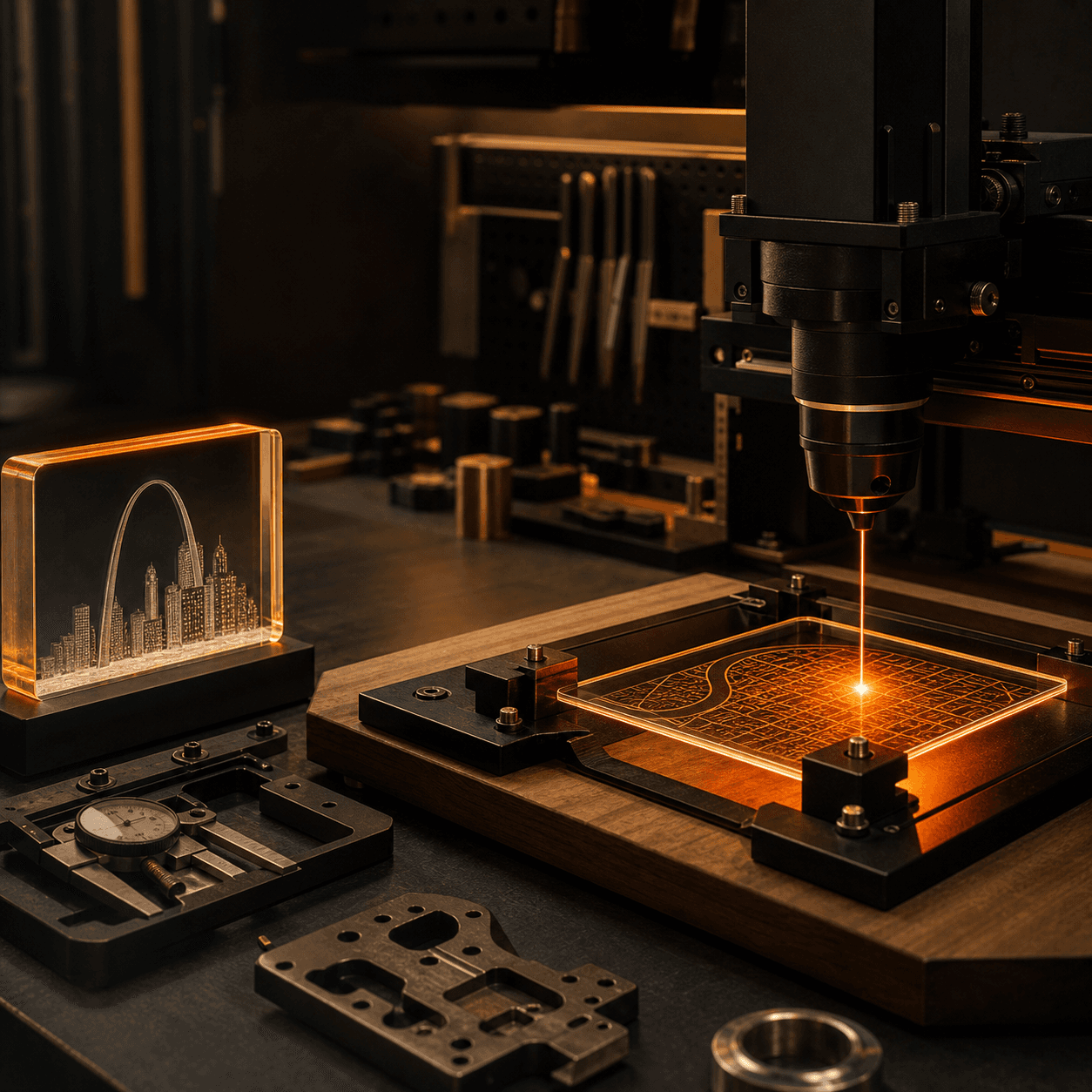 St. Louis Creations fabrication studio visual with precision materials and maker tools