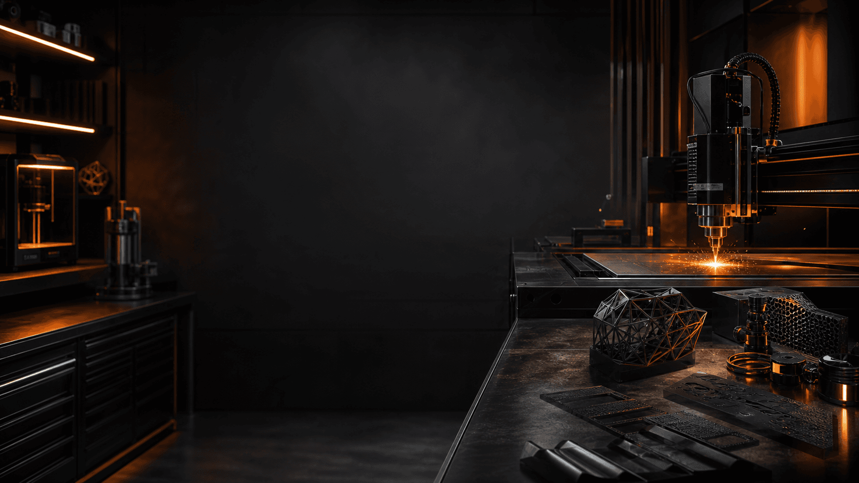 Dark digital fabrication studio with laser equipment and precision materials