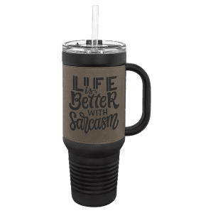 Gray on Black 40 oz. Polar Camel Leatherette Grip Travel Mug w/Snap Lid & Straw