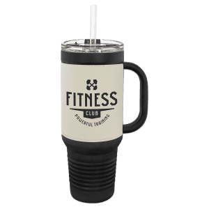 White on Black 40 oz. Polar Camel Leatherette Grip Travel Mug w/Snap Lid & Straw