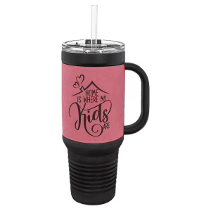 Pink on Black 40 oz. Polar Camel Leatherette Grip Travel Mug w/Snap Lid & Straw
